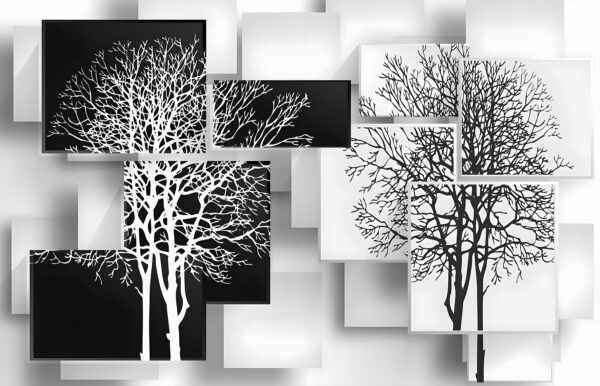 Groep zwarte en witte vierkanten met bomen erop Groep zwarte en witte vierkanten met bomen erop
