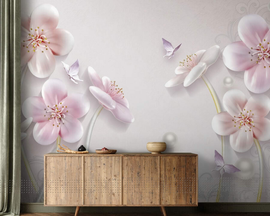 Fotobehang Behang met bloemen en vlinders