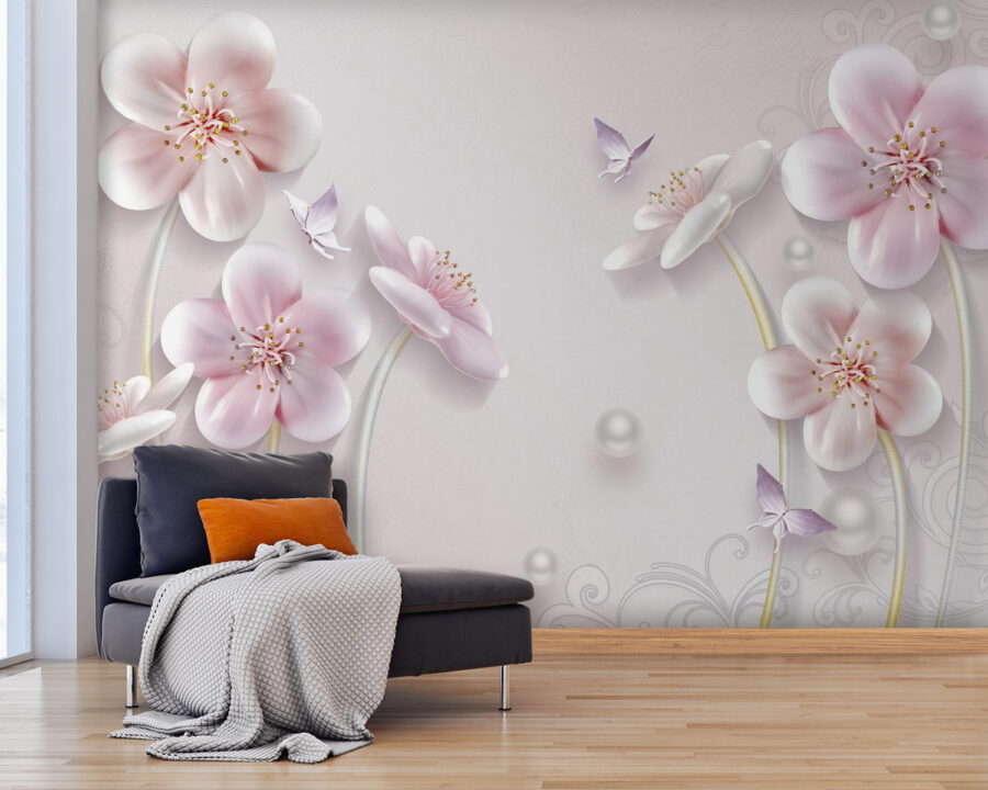 Fotobehang Behang met bloemen en vlinders - Afbeelding 2