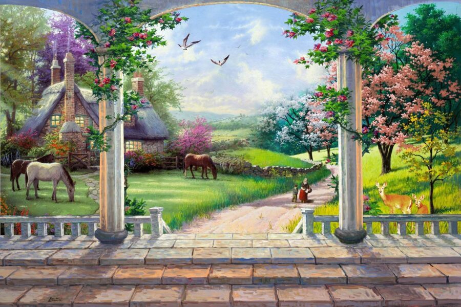 Schilderij van een landschap met een paard en een huis