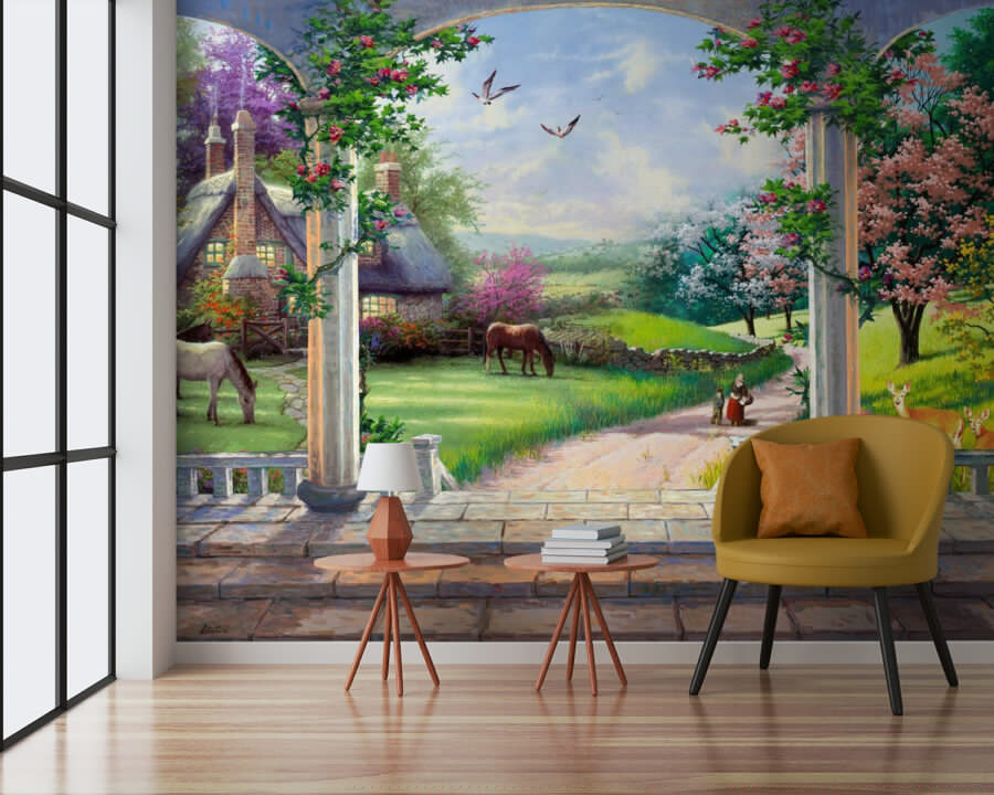 Schilderij van een landschap met een paard en een huis
