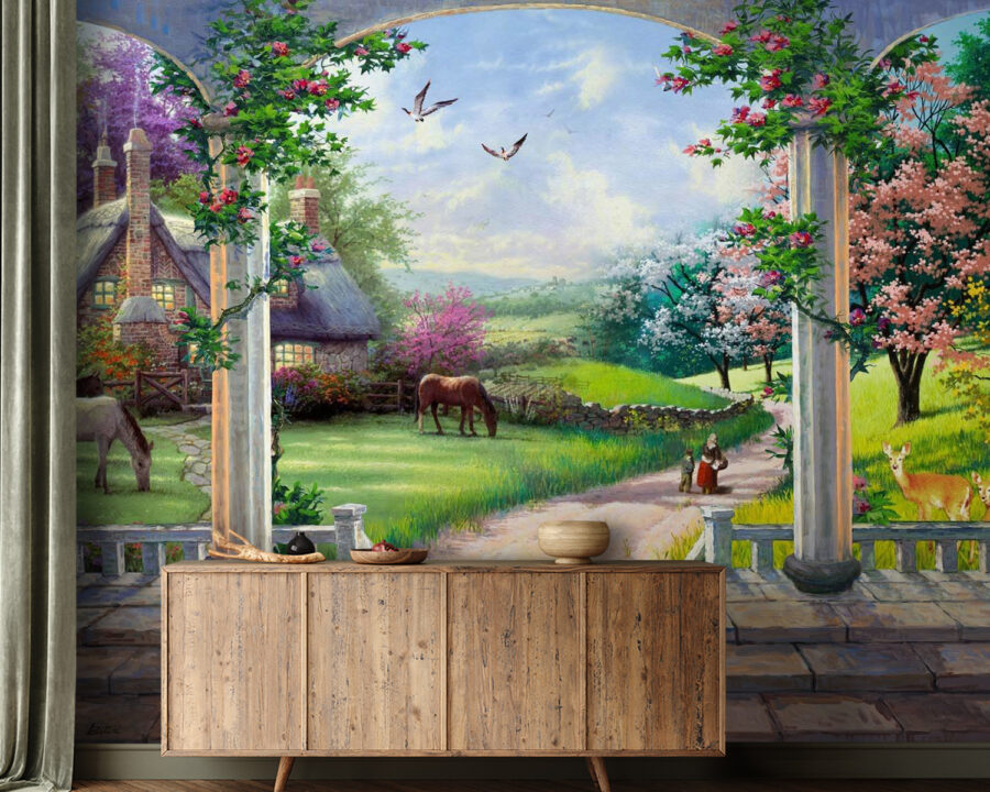 Schilderij van een landschap met een paard en een huis
