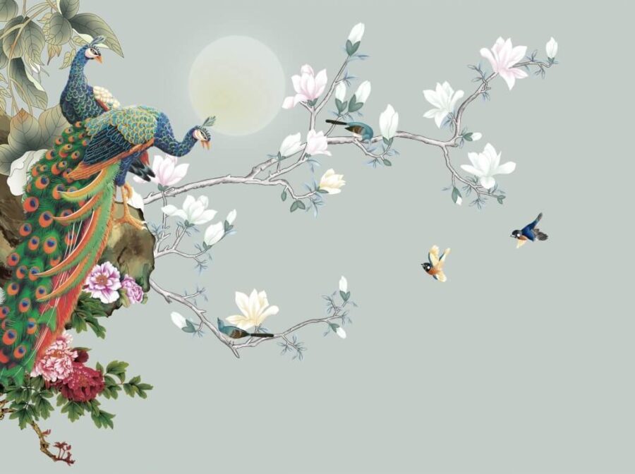 Vogel op een tak met bloemen en vogels