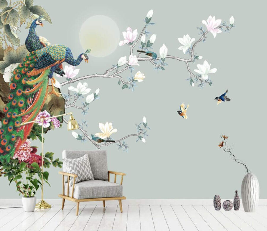 Vogel op een tak met bloemen en vogels