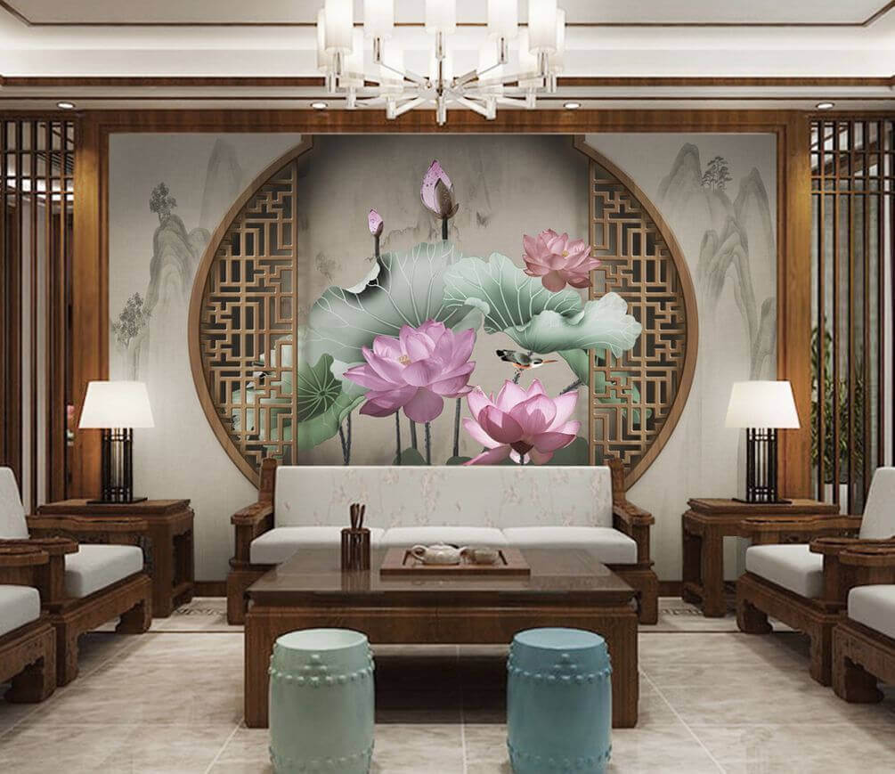 Behang met roze bloemen en bladeren u11741pig1m - Behang met roze bloemen en bladeren - tegory