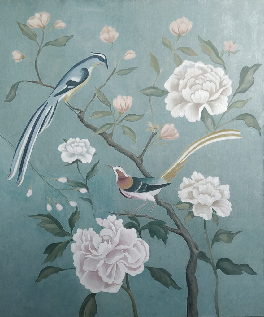 Schilderij van vogels op een tak met bloemen Schilderij van vogels op een tak met bloemen