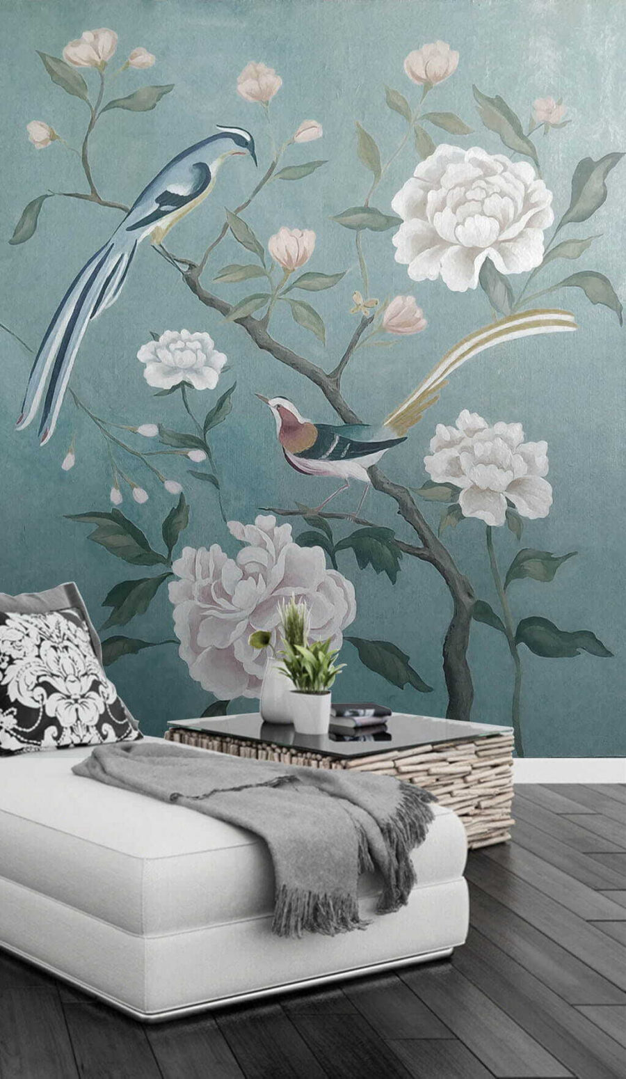 Schilderij van vogels op een tak met bloemen u14296pig2m 900x1550 - Schilderij van vogels op een tak met bloemen - tegory
