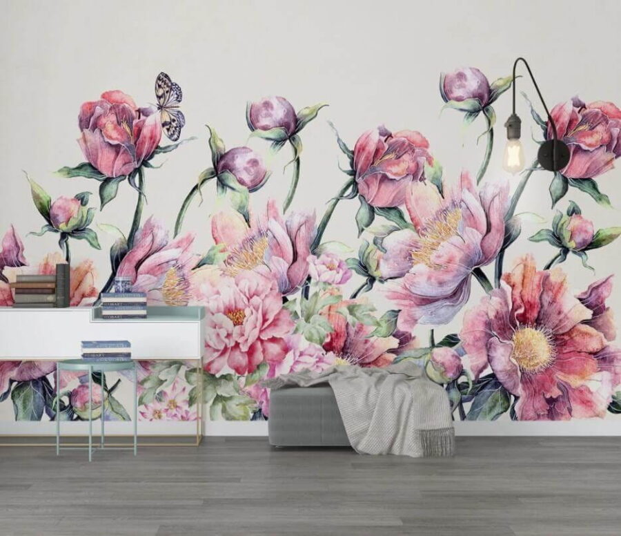 Aquarel van bloemen en een vlinder