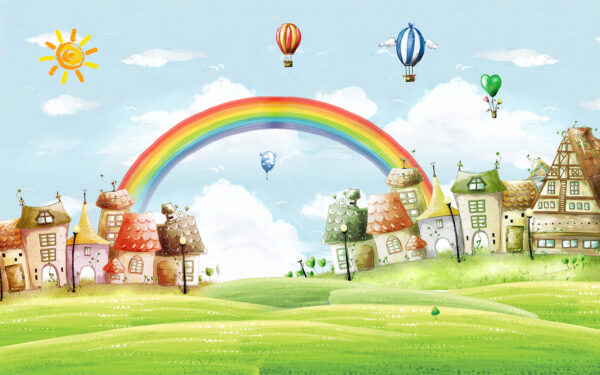 Cartoonlandschap met een regenboog en huizen Cartoonlandschap met een regenboog en huizen