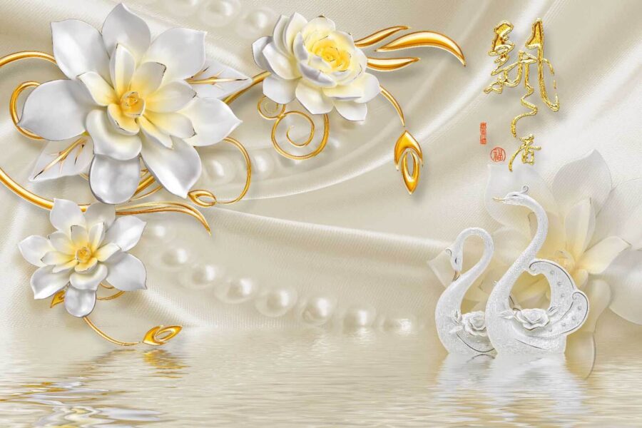 Behang met zwanen en bloemen