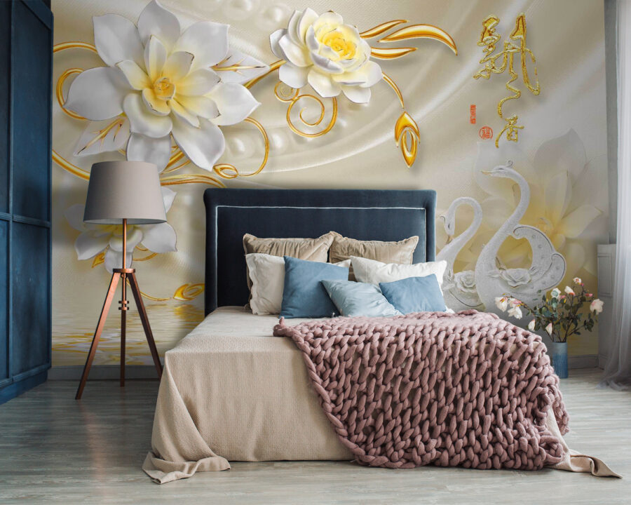 Behang met zwanen en bloemen