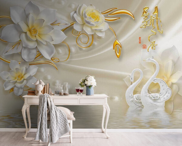 Behang met zwanen en bloemen Behang met zwanen en bloemen