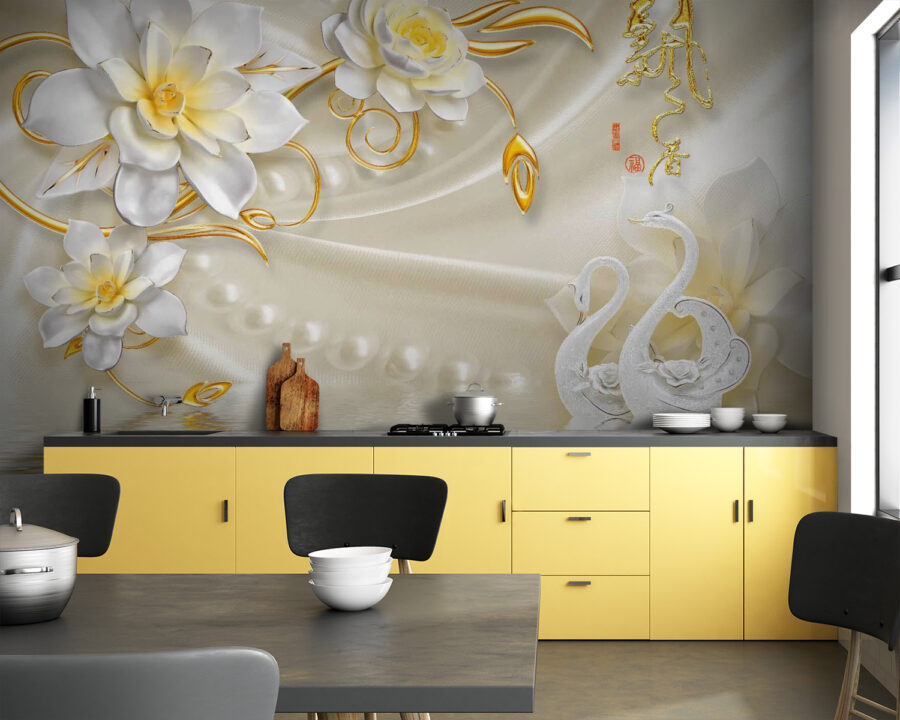 Behang met zwanen en bloemen