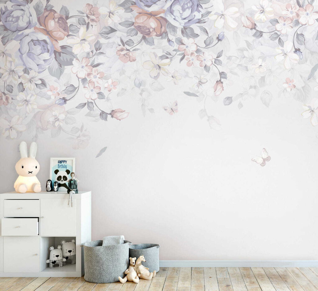 White background with flowers and butterflies White background with flowers and butterflies
