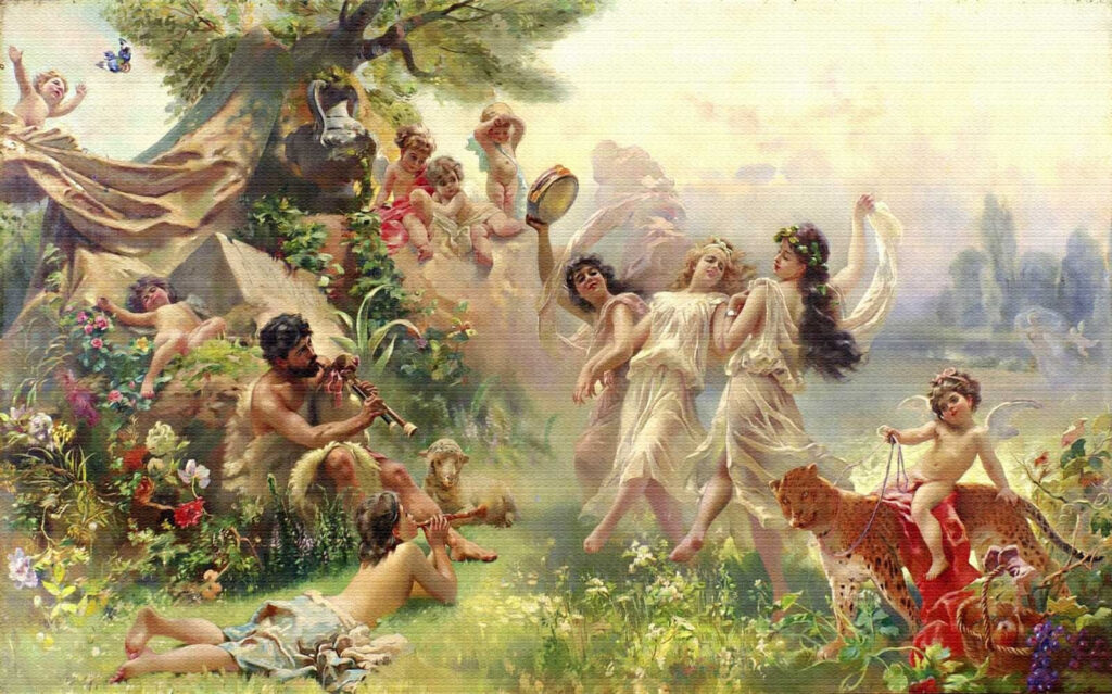 Schilderij van dansende mensen in een bos Schilderij van dansende mensen in een bos