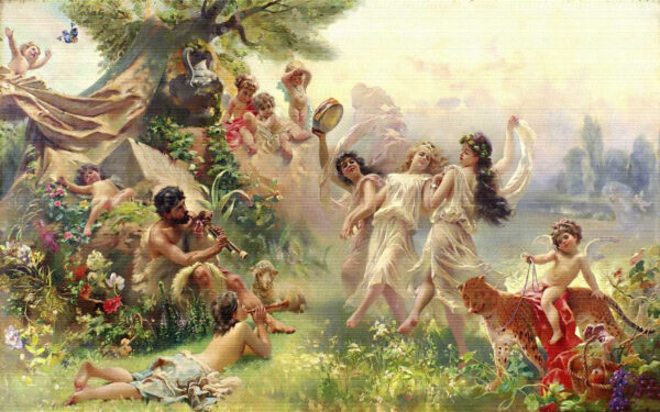 Schilderij van dansende mensen in een bos Schilderij van dansende mensen in een bos