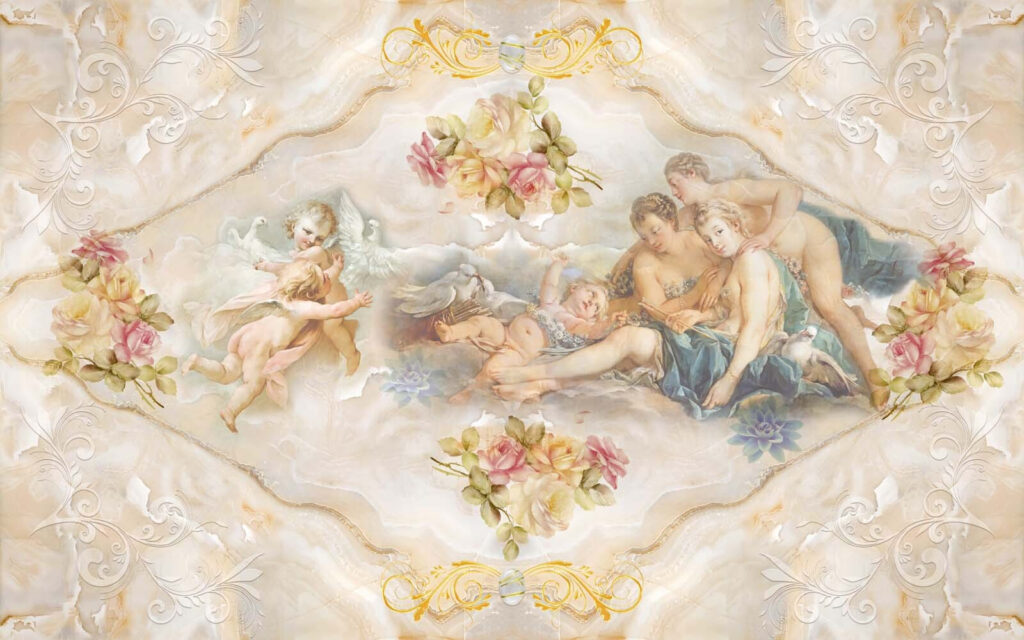 Schilderij van engelen en bloemen Schilderij van engelen en bloemen