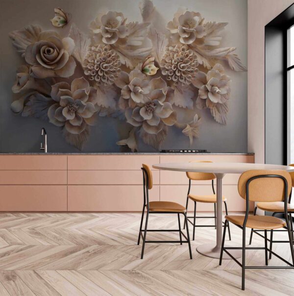 Group of white flowers and butterflies