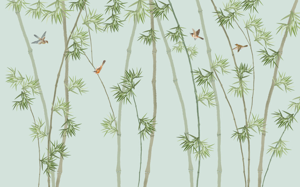 Behang met bamboetakken en vogels Behang met bamboetakken en vogels