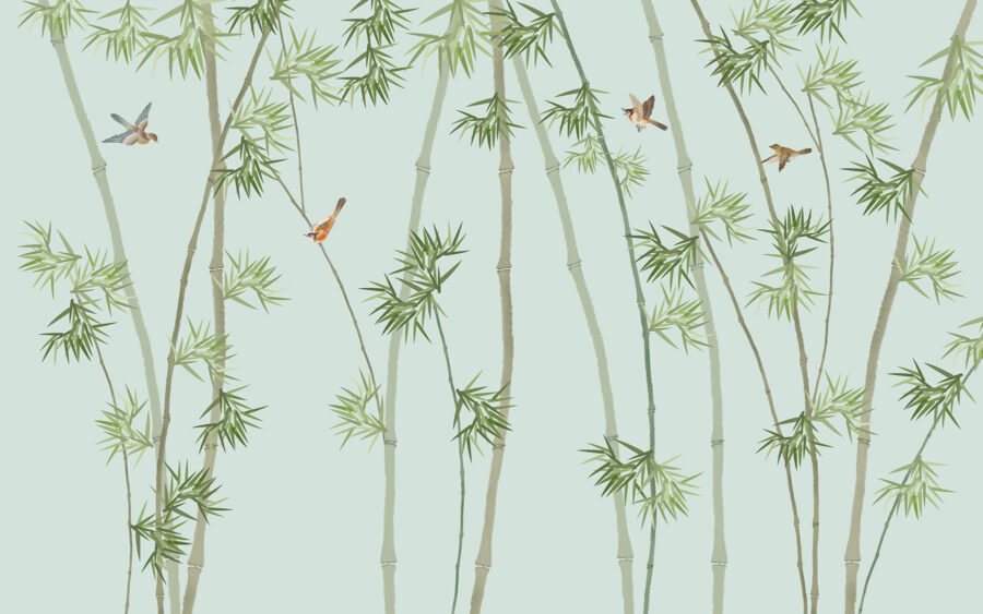 Behang met bamboetakken en vogels