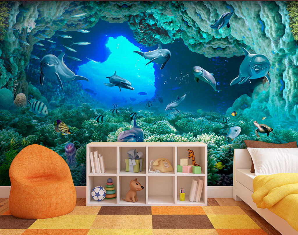 Group of dolphins and fish under water Group of dolphins and fish under water