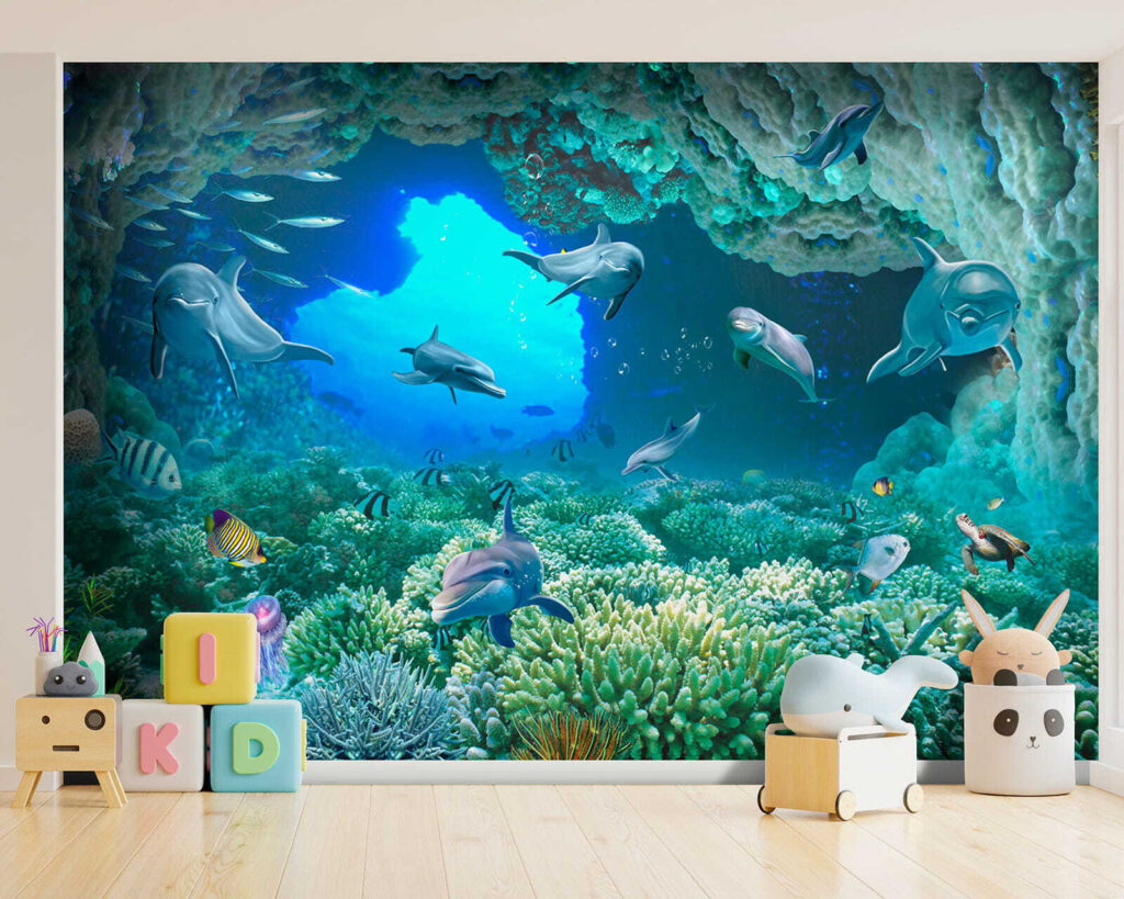 Group of dolphins and fish under water Group of dolphins and fish under water