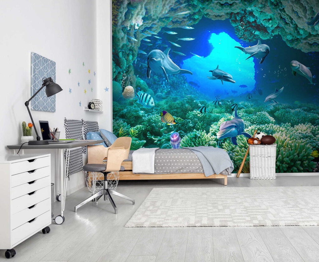 Group of dolphins and fish under water Group of dolphins and fish under water