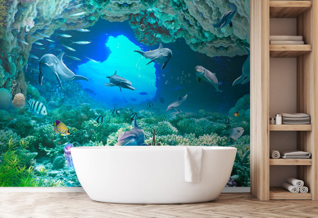 Group of dolphins and fish under water Group of dolphins and fish under water