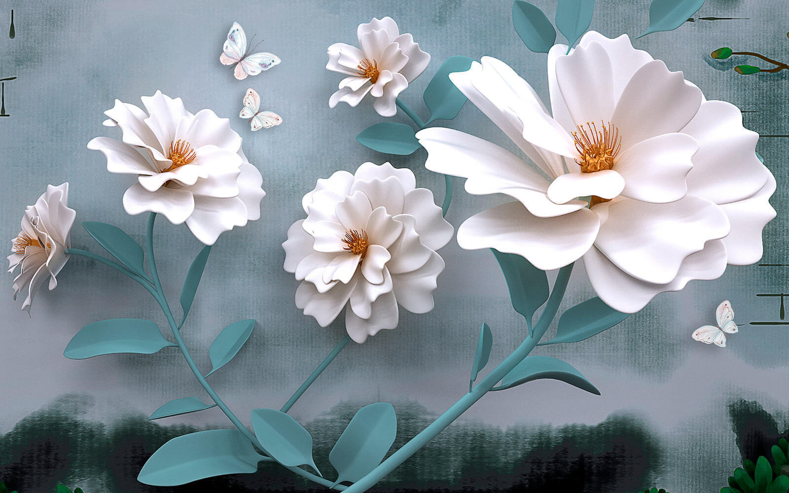 Witte bloemen met vlinders u19483p - Witte bloemen met vlinders - tegory