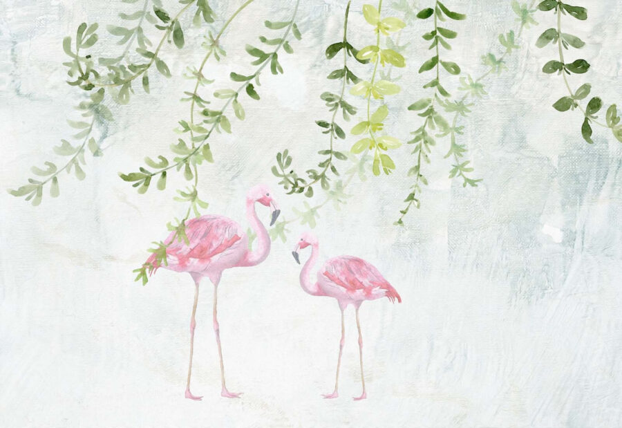 Twee roze flamingo's met groene bladeren