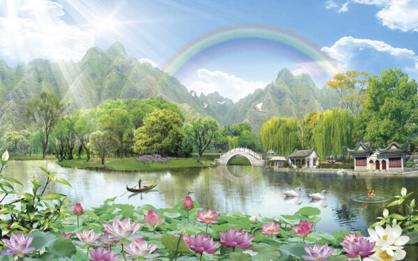 Regenboog over een meer Regenboog over een meer