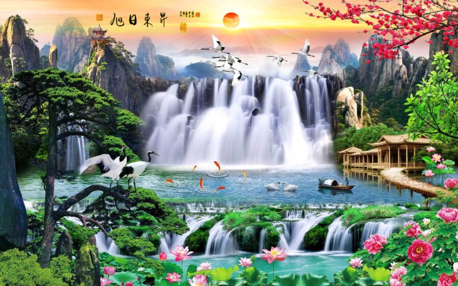Waterval met vogels en bloemen Waterval met vogels en bloemen