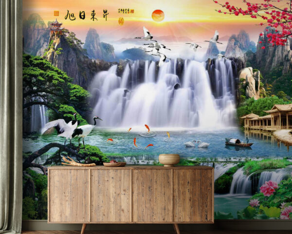 Waterval met vogels en bloemen Waterval met vogels en bloemen