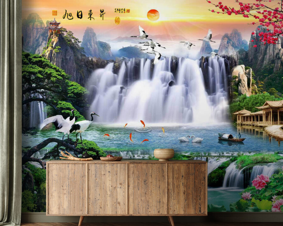Waterval met vogels en bloemen Waterval met vogels en bloemen
