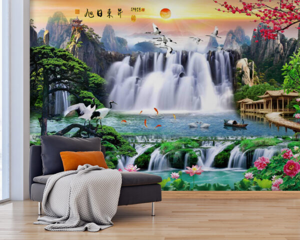 Waterval met vogels en bloemen Waterval met vogels en bloemen