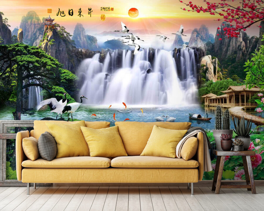 Waterval met vogels en bloemen Waterval met vogels en bloemen