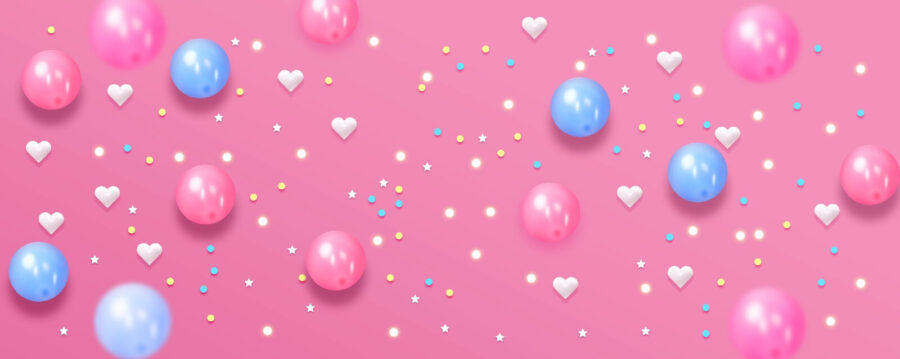 Roze achtergrond met witte en blauwe ballonnen en sterren