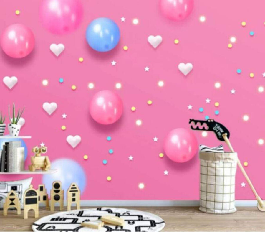 Roze achtergrond met witte en blauwe ballonnen en sterren