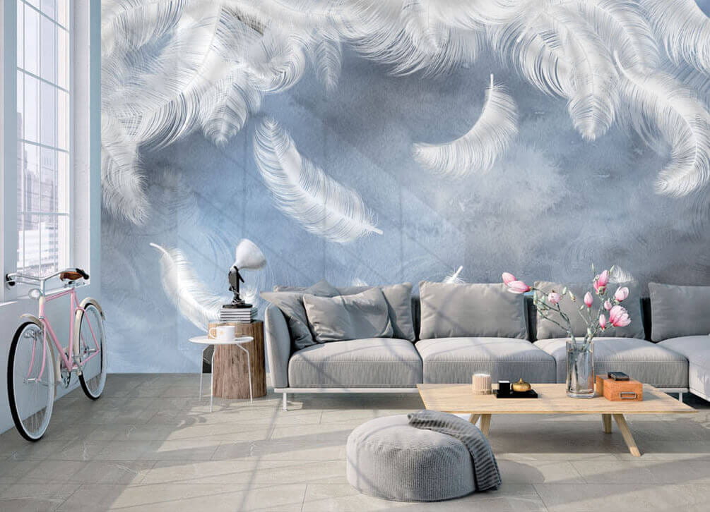 u23747pig1 - Witte veren op een blauwe achtergrond - tegory