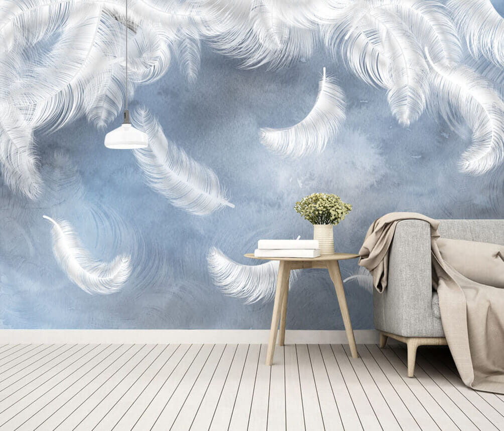 u23747pig3m - Witte veren op een blauwe achtergrond - tegory