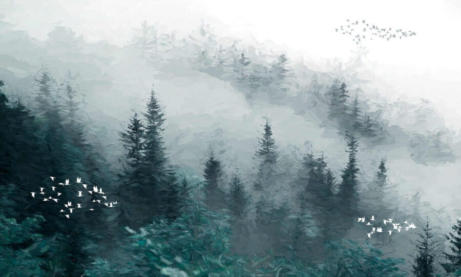Wall murals Foggy forest with birds flying