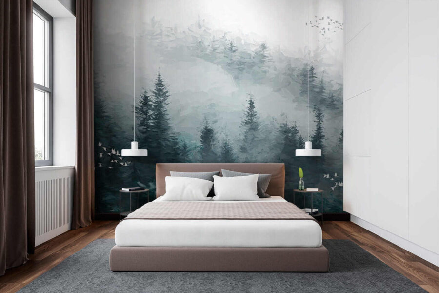 Wall murals Foggy forest with birds flying