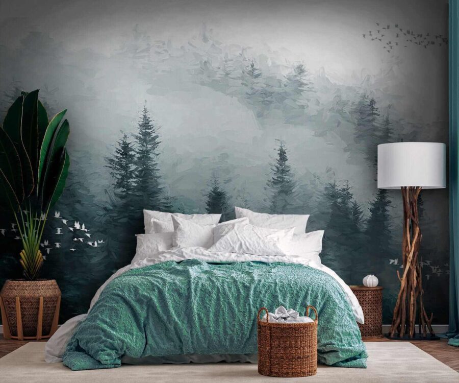Wall murals Foggy forest with birds flying