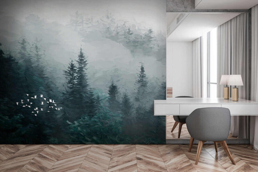 Wall murals Foggy forest with birds flying