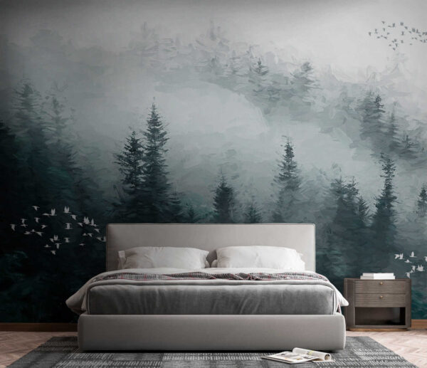 Wall murals Foggy forest with birds flying Wall murals Foggy forest with birds flying