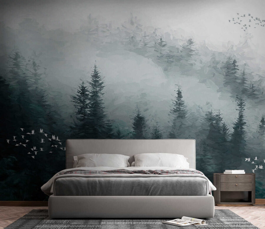 Wall murals Foggy forest with birds flying