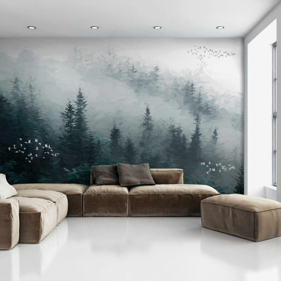 Wall murals Foggy forest with birds flying
