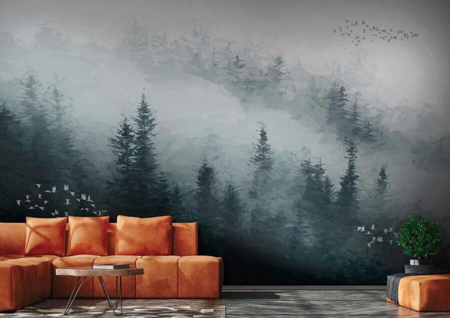 Wall murals Foggy forest with birds flying