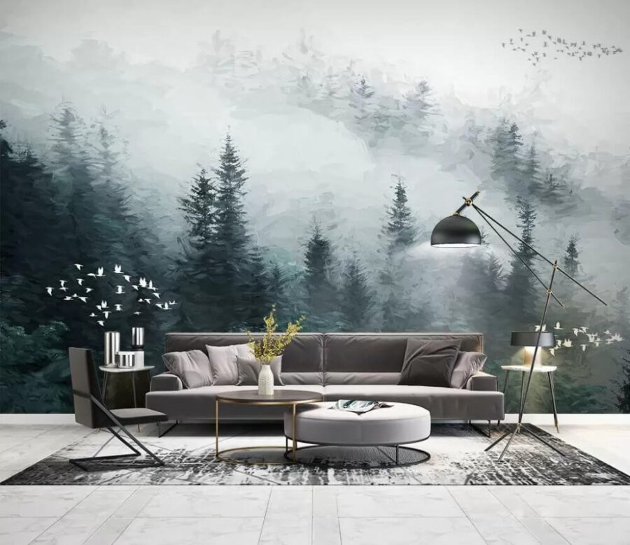 Wall murals Foggy forest with birds flying