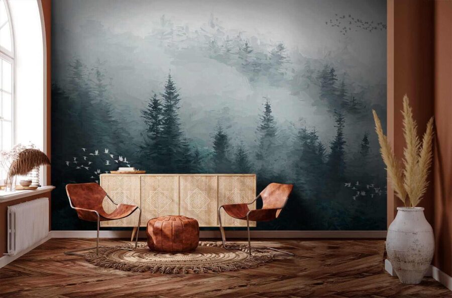 Wall murals Foggy forest with birds flying